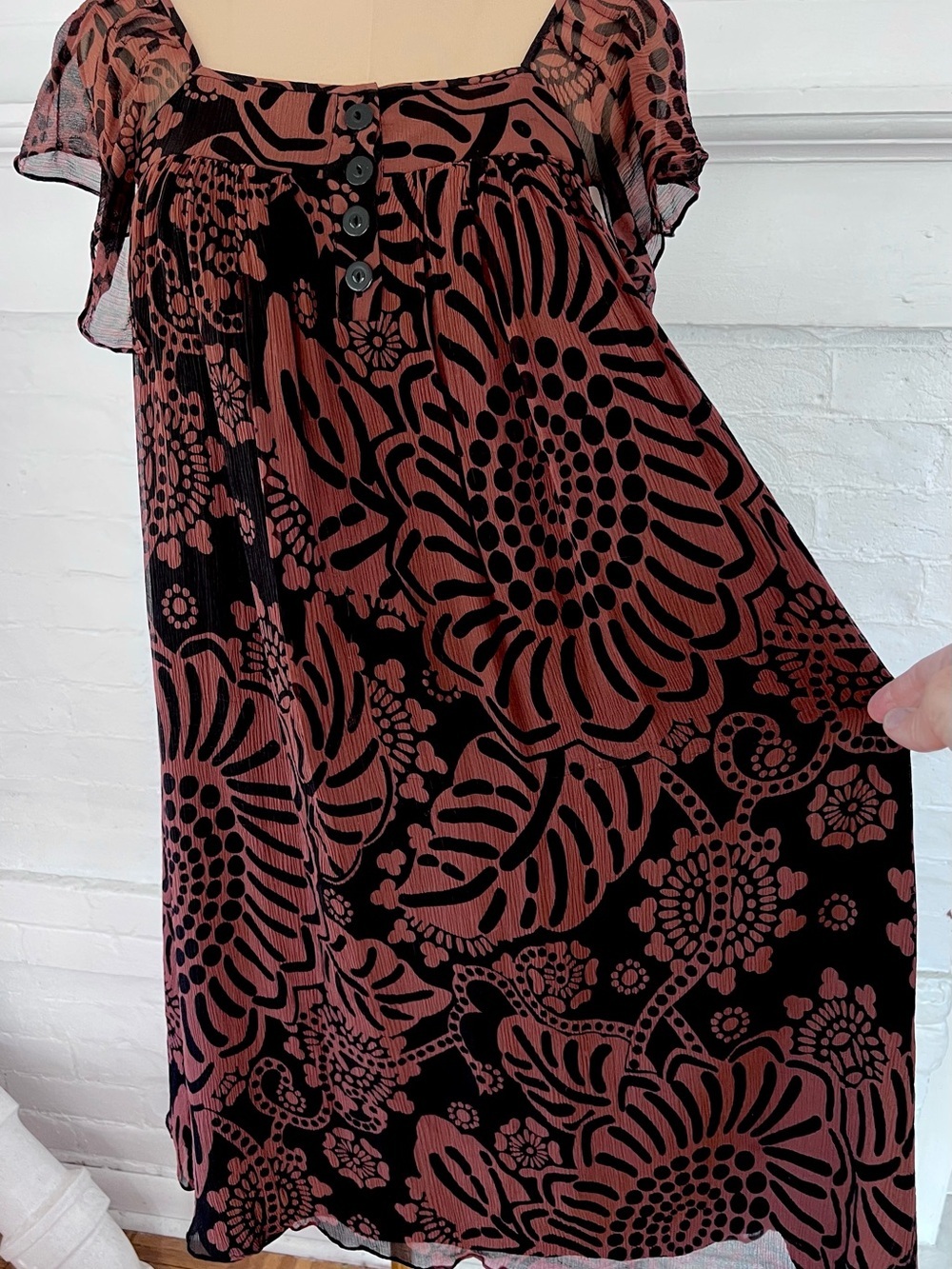 Tibi Silk Floral Flutter Sleeve Shift Dress Summer Black Brown Size 2 - Picture 7 of 10